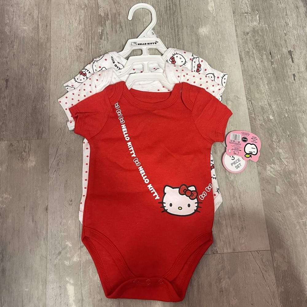 SANRIO HELLO KITTY Baby Girls' 3-Pack Bodysuit Set‎ sz 9M  Hearts Red Bag6
